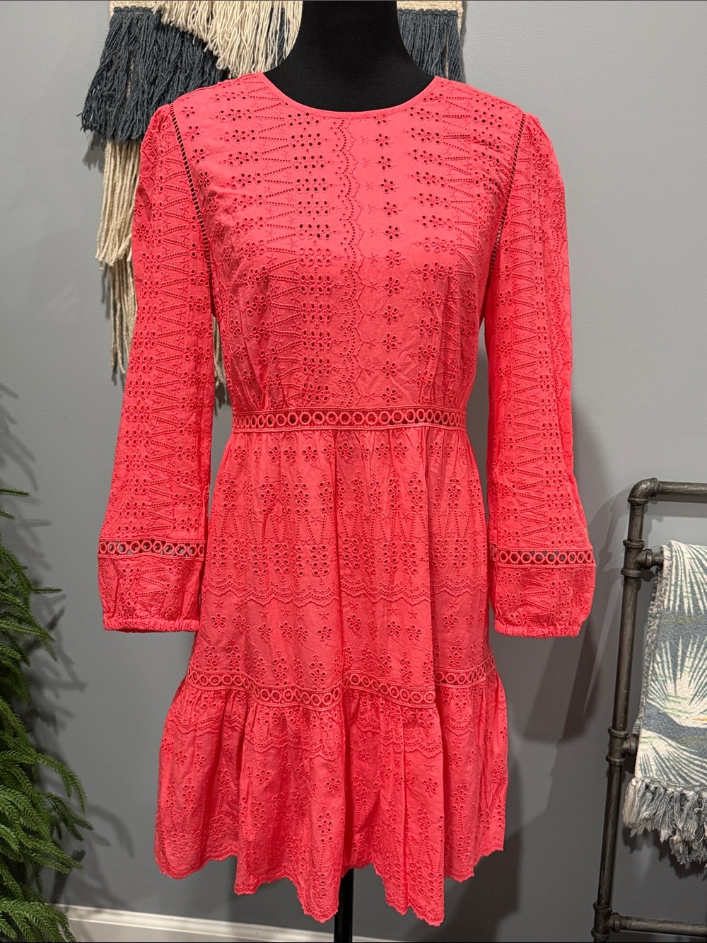 J.Crew Coral Pink Eyelet Mini Dress Size 6 Boho Cotton Summer Dress